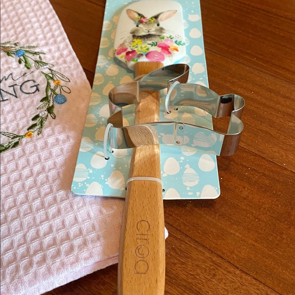 NWT Mud Pie Pink Embroidered Spring Tea Dish Towel, Spatula & Cookie Cutter